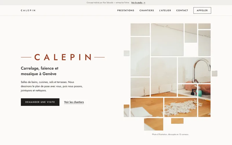Capture de la page d’accueil du concept Calepin, site d’une entreprise fictive.