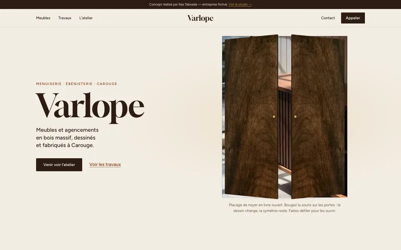 Capture de la page d’accueil du concept Varlope, site d’une entreprise fictive.